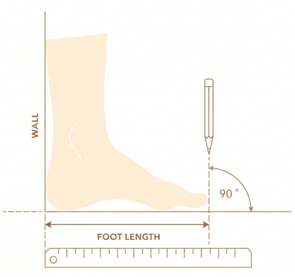 Diagram: measuring foot length against a wall