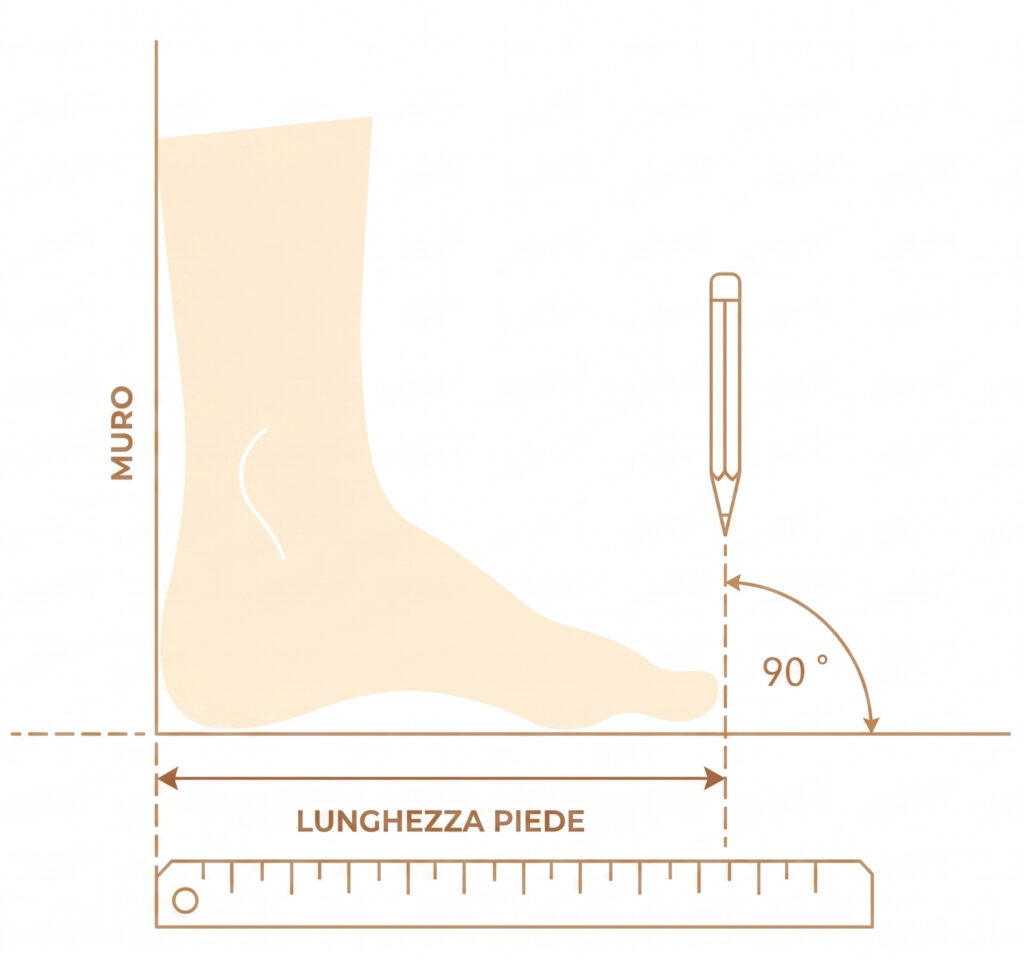 Diagram: measuring foot length against a wall